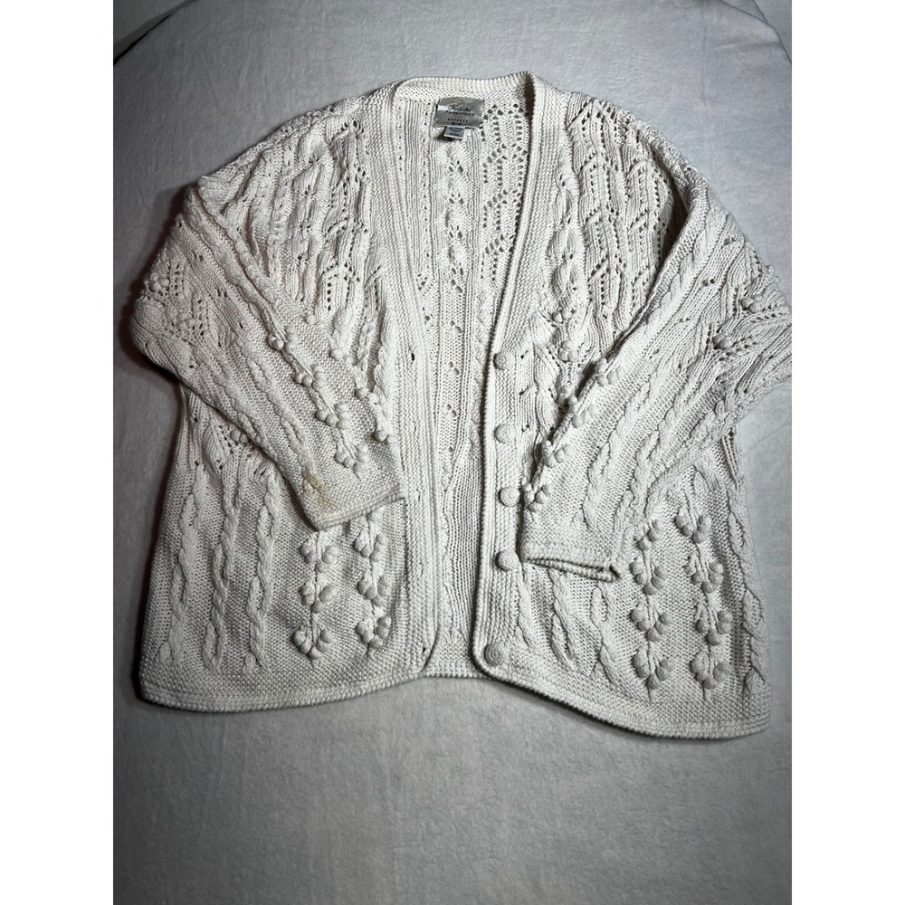 Vintage Express Handknitted Cable Knit Popcorn Cardigan Sweater Cream Large